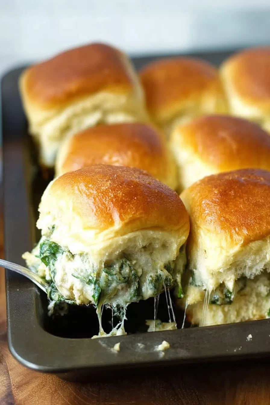 A spoon lifting a golden baked mini sandwich with melted cheese peeking through.