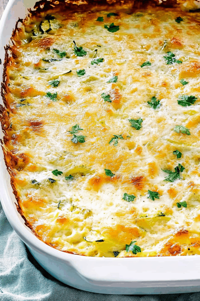 Crispy topping over tender sliced vegetables arranged in a baking dish.