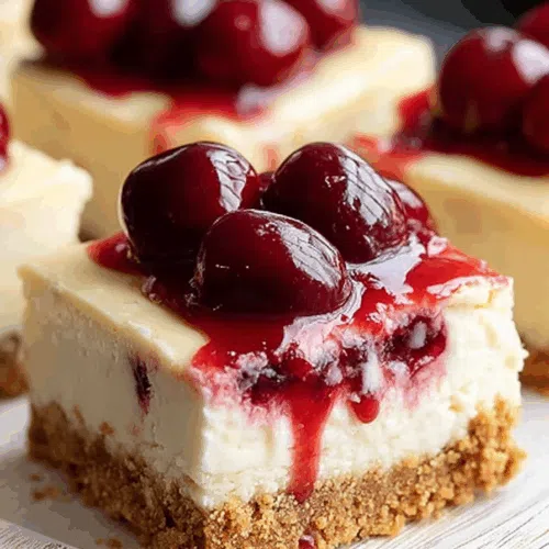 Close-up of a creamy layered bar with vibrant cherry topping.