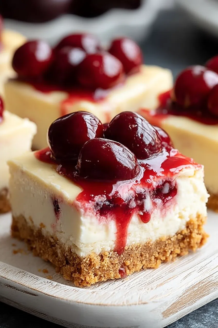 Close-up of a creamy layered bar with vibrant cherry topping.