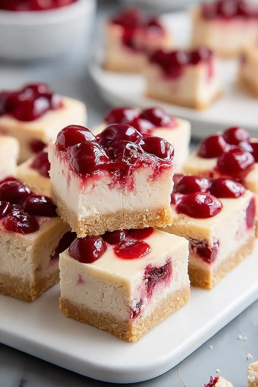 Stack of dessert bars with fruit glaze dripping slightly over the edges.