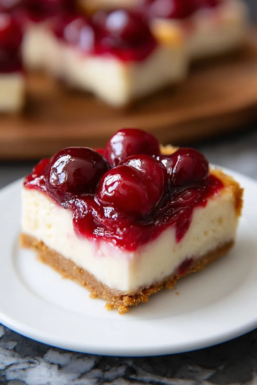 Dessert squares topped with glossy red fruit, arranged on a white plate.