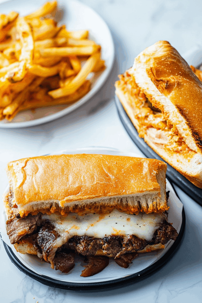 Final plated dish showing a handheld sandwich with breaded meat and gooey toppings.