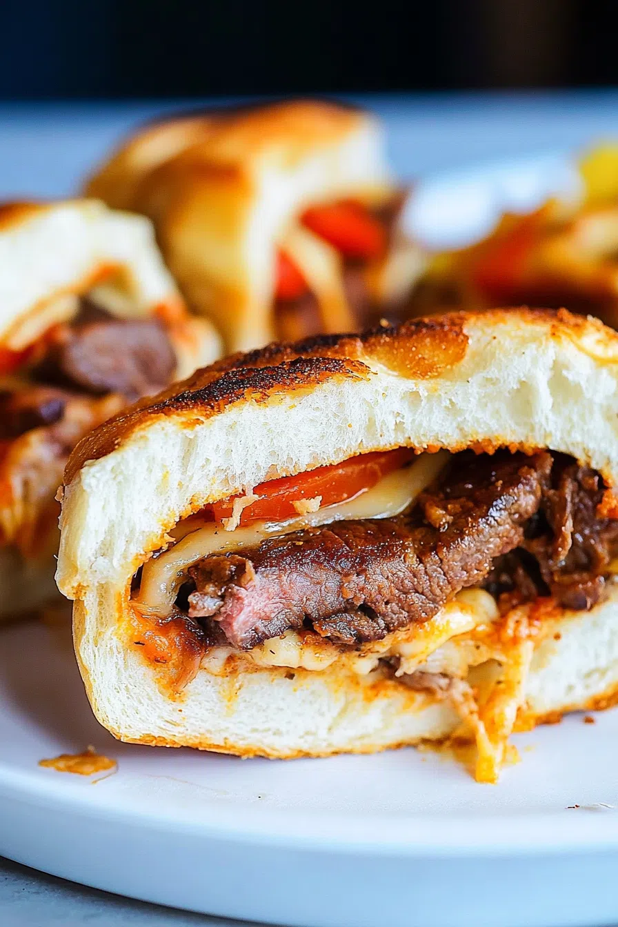 Close-up of a hearty sandwich with seasoned crust and melted toppings on a rustic plate.