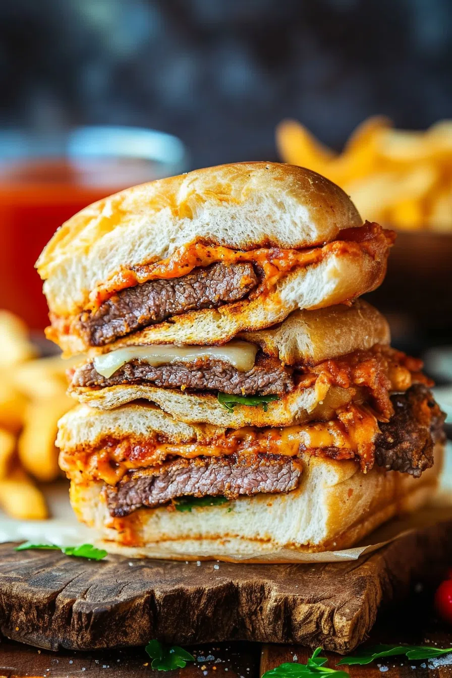 Sandwich sliced in half, showing layers of crunchy meat and soft bread with a drizzle of sauce.