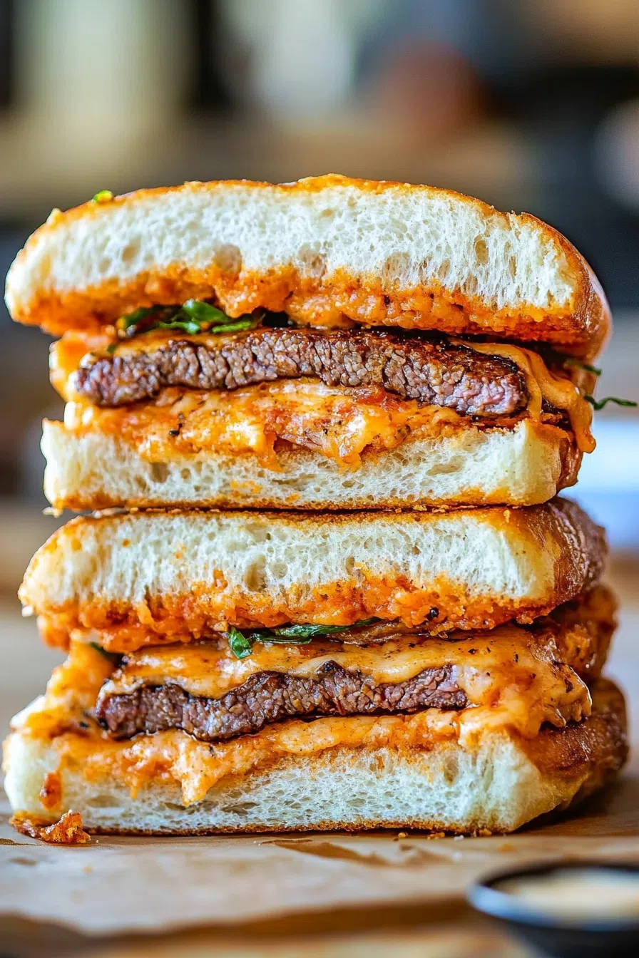Close-up of a crispy fried steak layered inside a crusty sandwich roll.