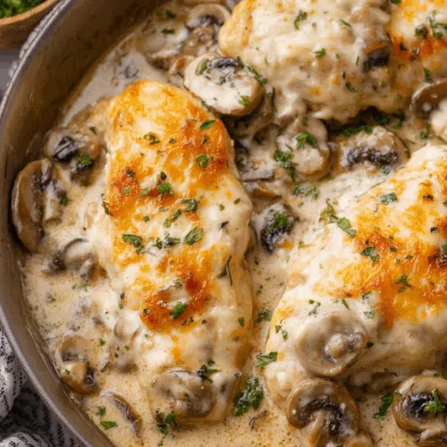 Creamy baked entrée topped with melted cheese and fresh parsley.