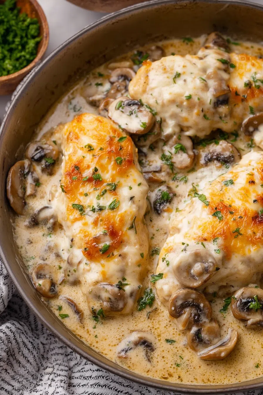 Creamy baked entrée topped with melted cheese and fresh parsley.
