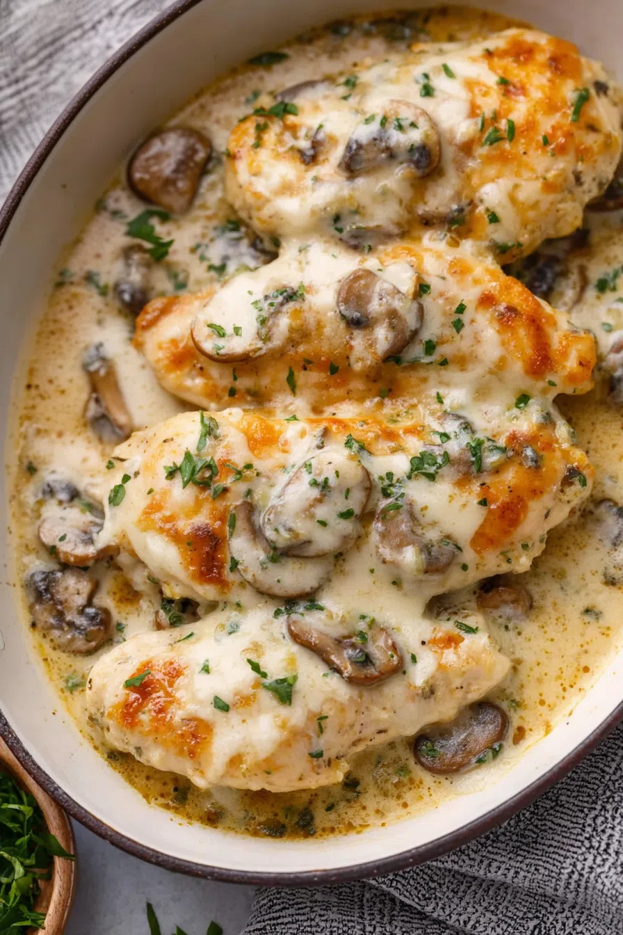 Sliced portion of a golden, saucy dish served on a white dinner plate.