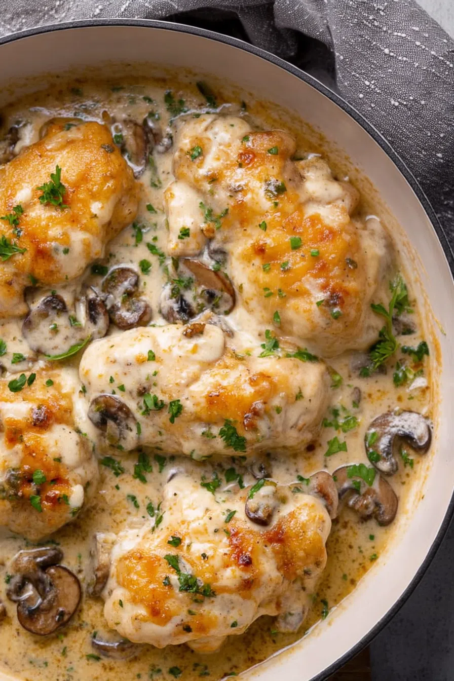 Overhead shot of a family-style casserole with a bubbling top layer.