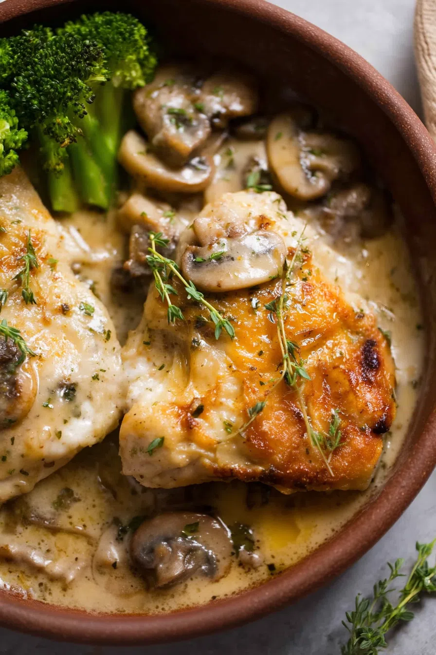 Comfort food plated simply on a rustic table.