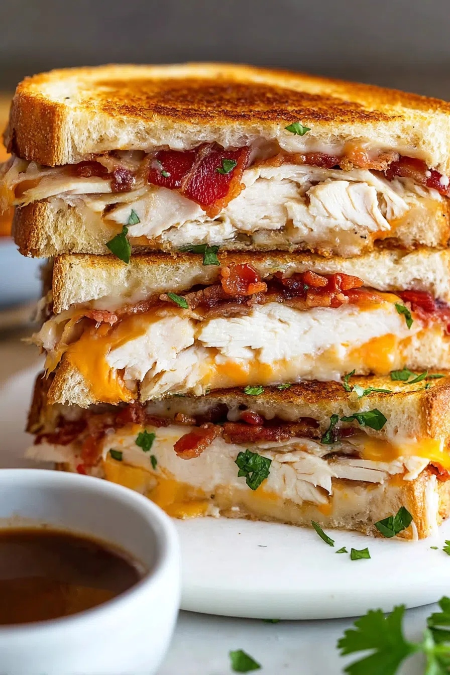 Close-up of a toasted sandwich with golden bread and savory filling.