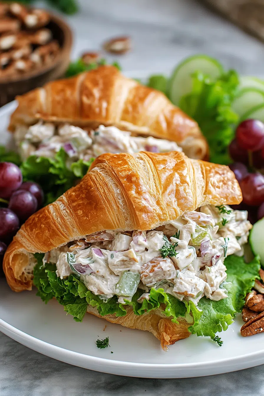 Golden croissant filled with creamy mixture and crisp greens.