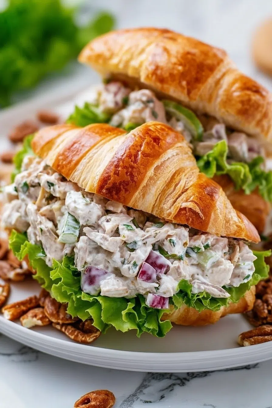 A flaky croissant filled with creamy salad placed on a white plate.