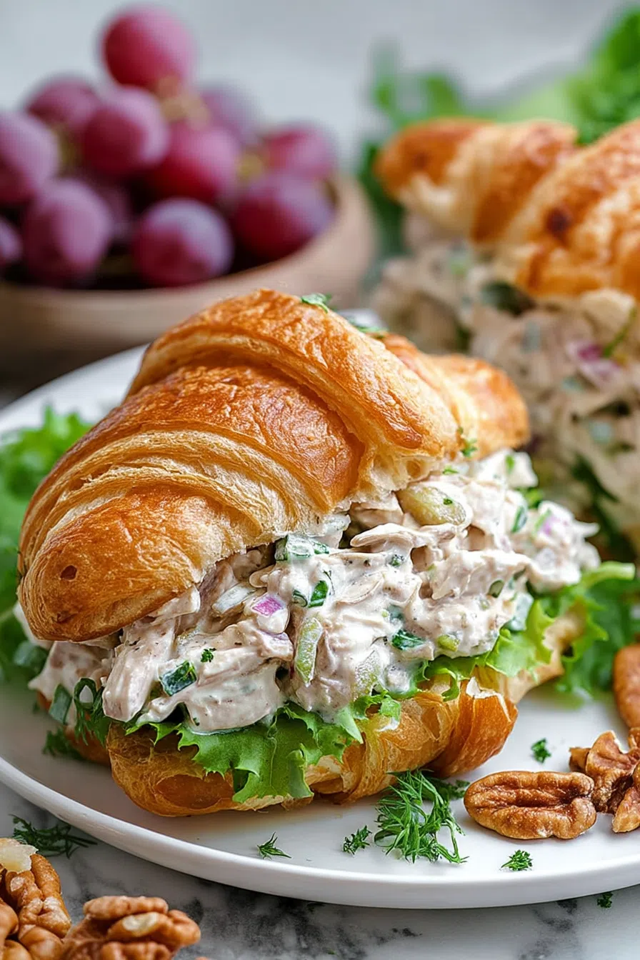 Overhead shot of a golden croissant stuffed with a savory mixture.