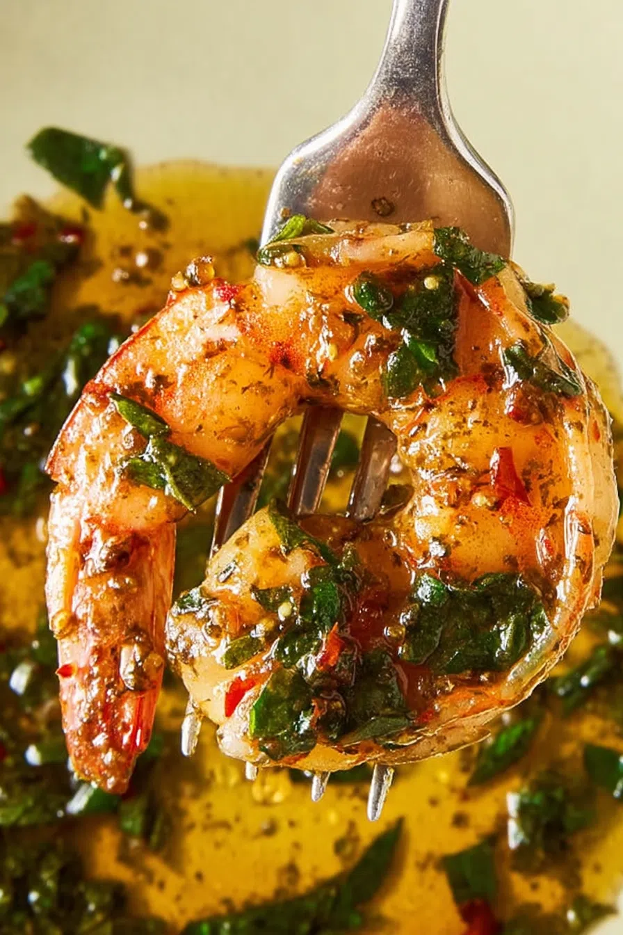 Grilled shrimp arranged on a platter with a vibrant green herb sauce drizzled on top.