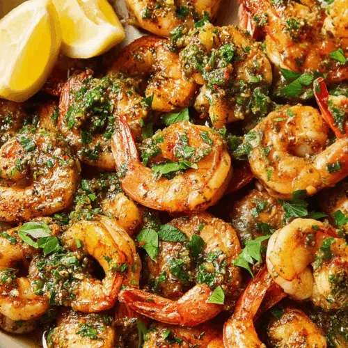 Close-up of juicy seafood skewers garnished with chopped herbs.