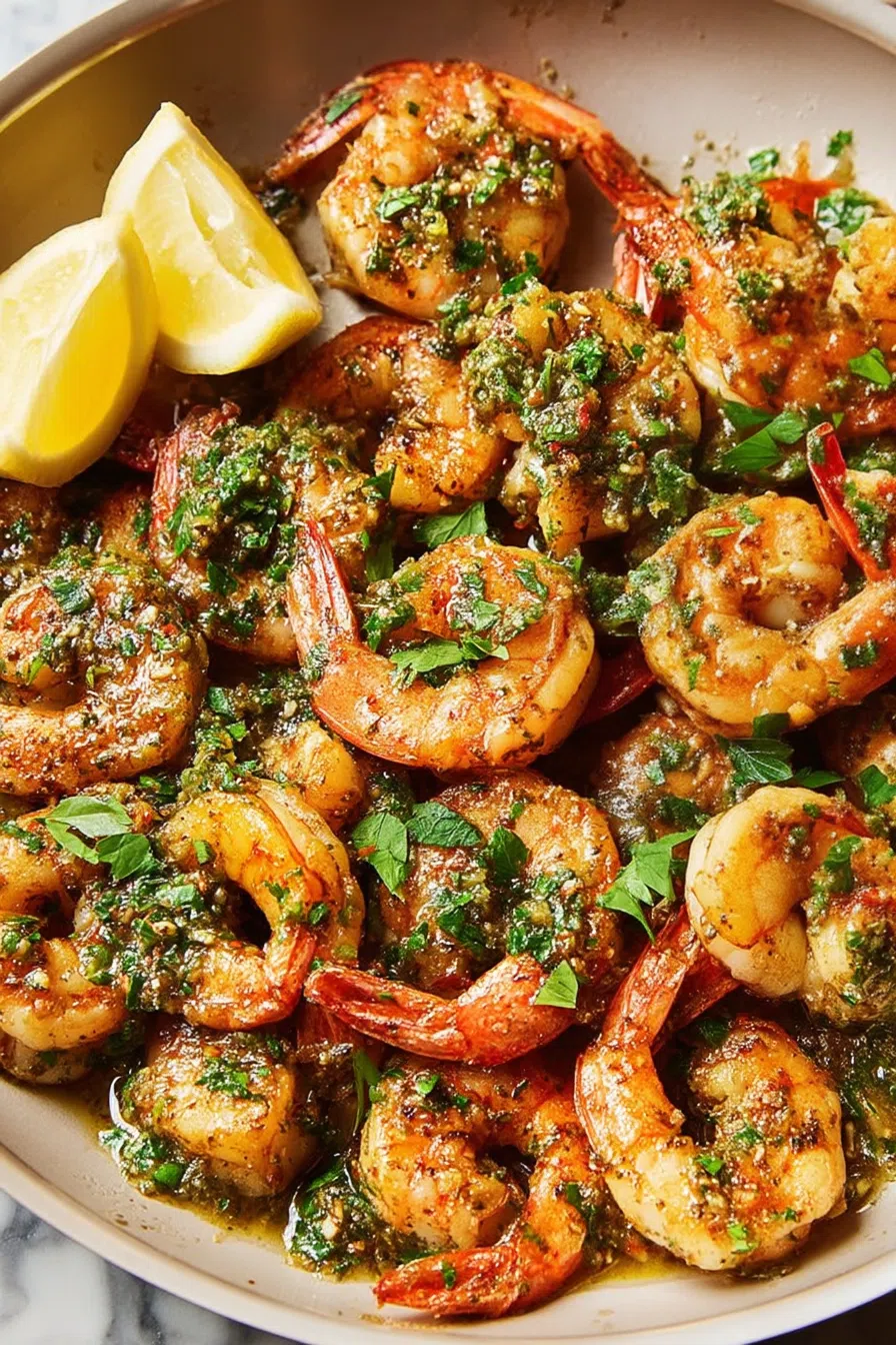 Close-up of juicy seafood skewers garnished with chopped herbs.