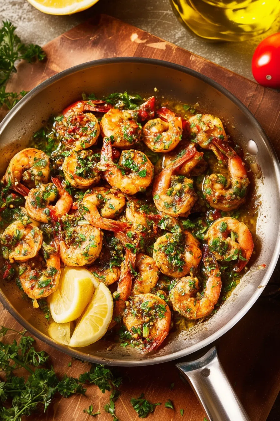 Saucy shrimp topped with a chunky green dressing, served family-style.