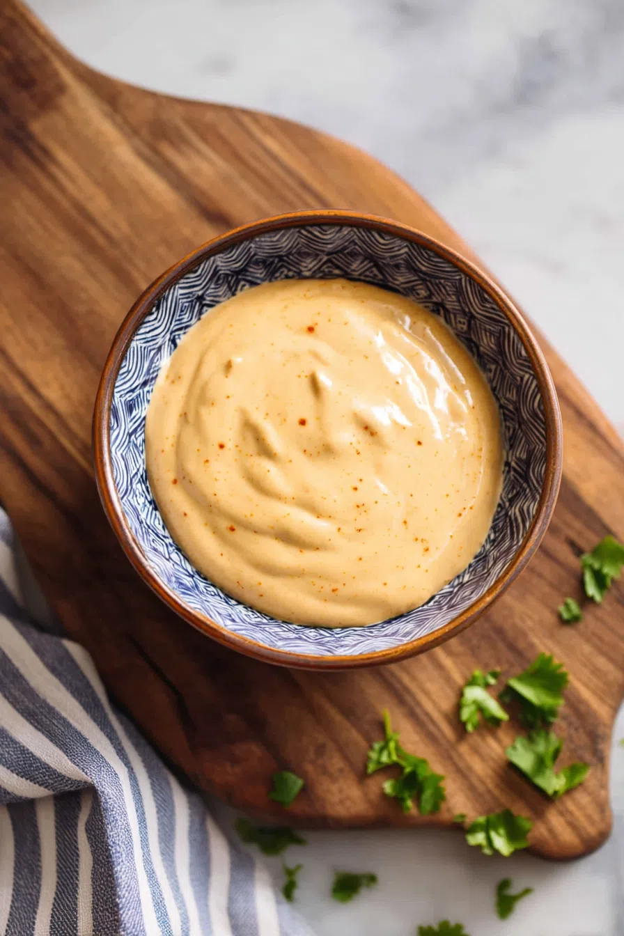 Overhead shot of dipping sauce next to crispy fries on a serving board.