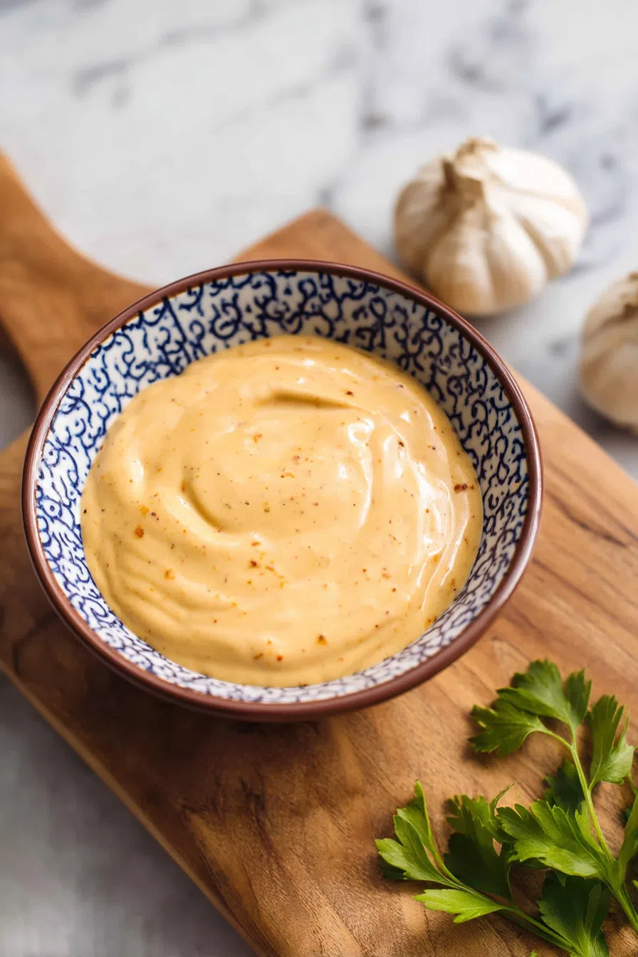 Smooth, spiced spread swirled in a ramekin with a garlic on the background.