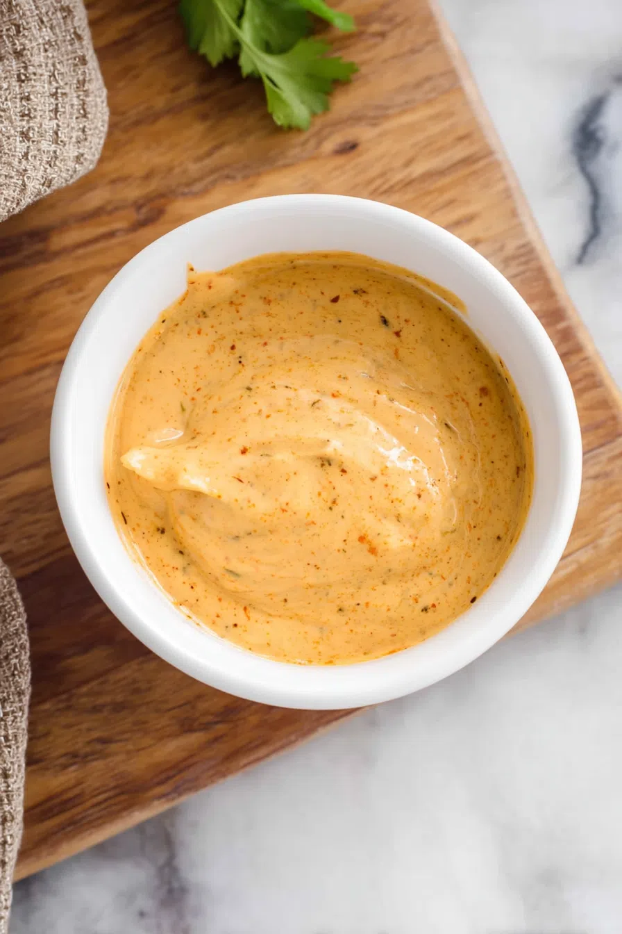 A small ceramic bowl filled with creamy, orange-tinted dipping sauce.