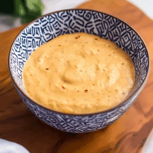 Side view of a smooth sauce paired with golden fries on a rustic plate.