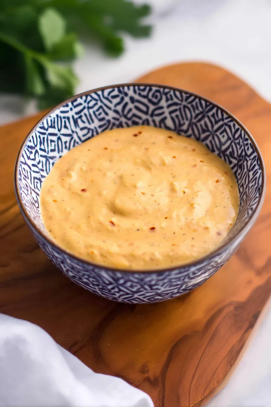 Side view of a smooth sauce paired with golden fries on a rustic plate.