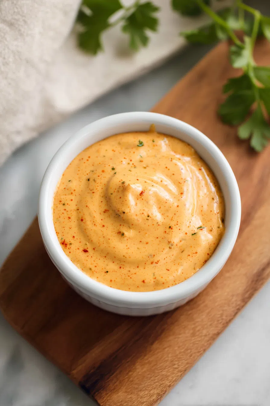 Swirled condiment in a ramekin, garnished with a sprinkle of paprika.