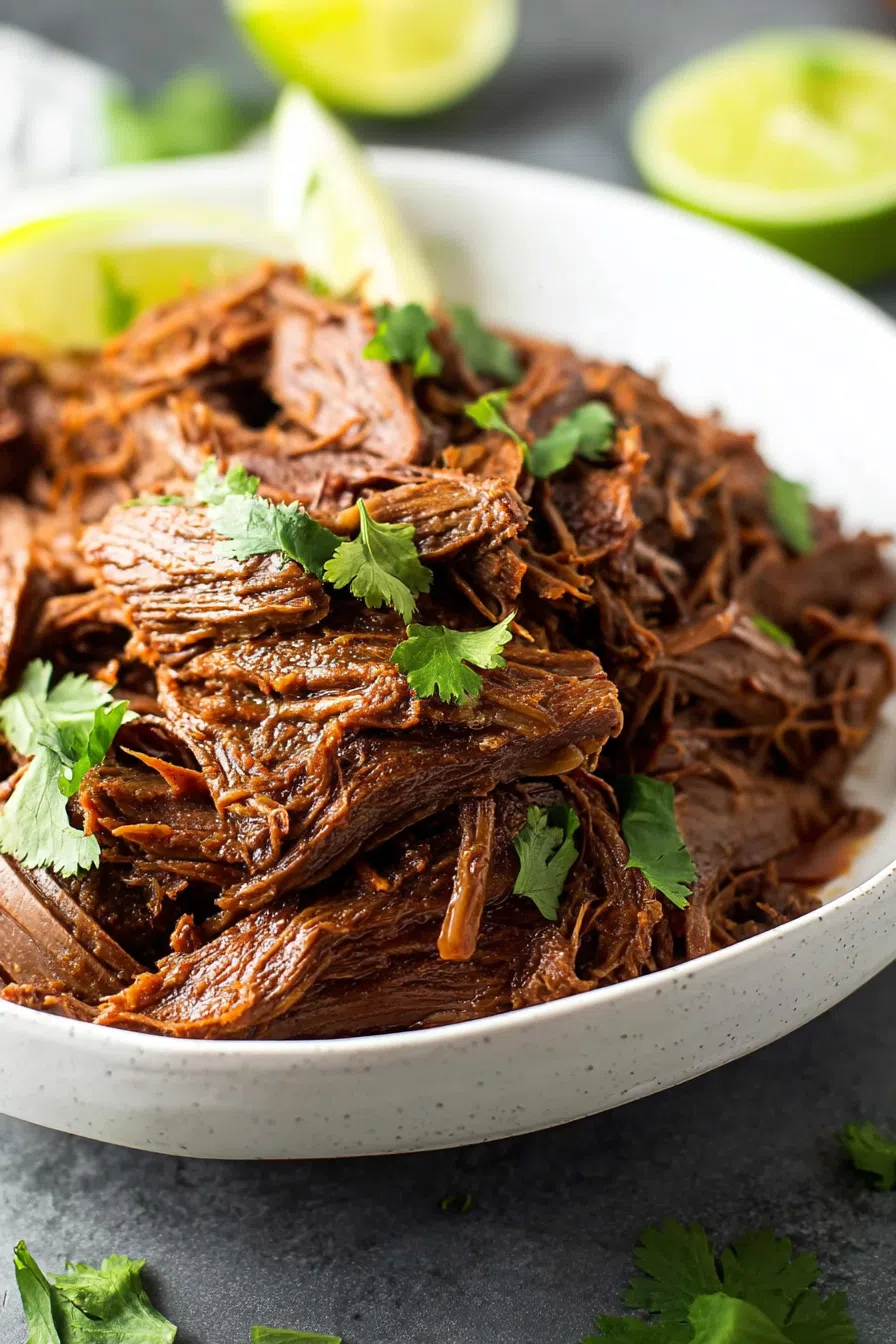 Slow-cooked shredded meat served in a rustic bowl with lime wedges.