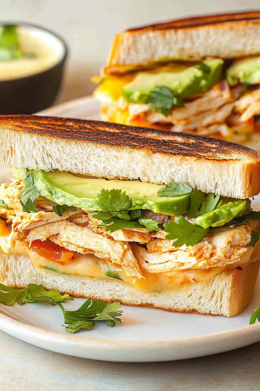Close-up of a gooey, cheesy filling spilling from a toasted sandwich.