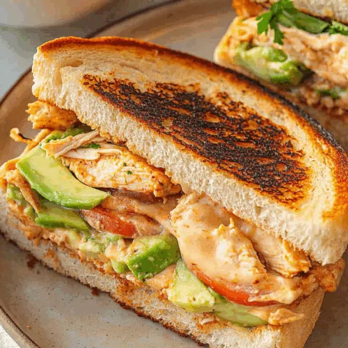 Close-up of a toasted sandwich with melted cheese and grill marks.