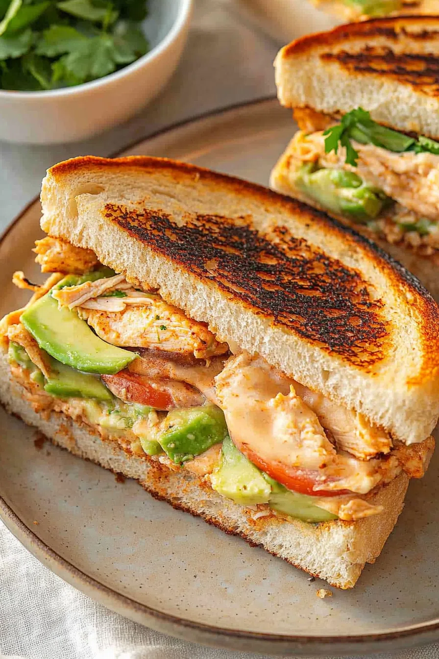 Close-up of a toasted sandwich with melted cheese and grill marks.