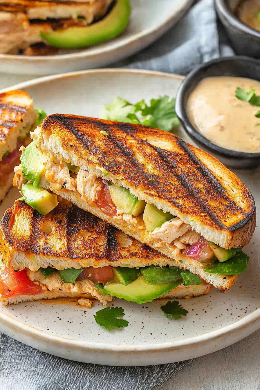 Sliced sandwich revealing creamy filling with herbs and melted layers.