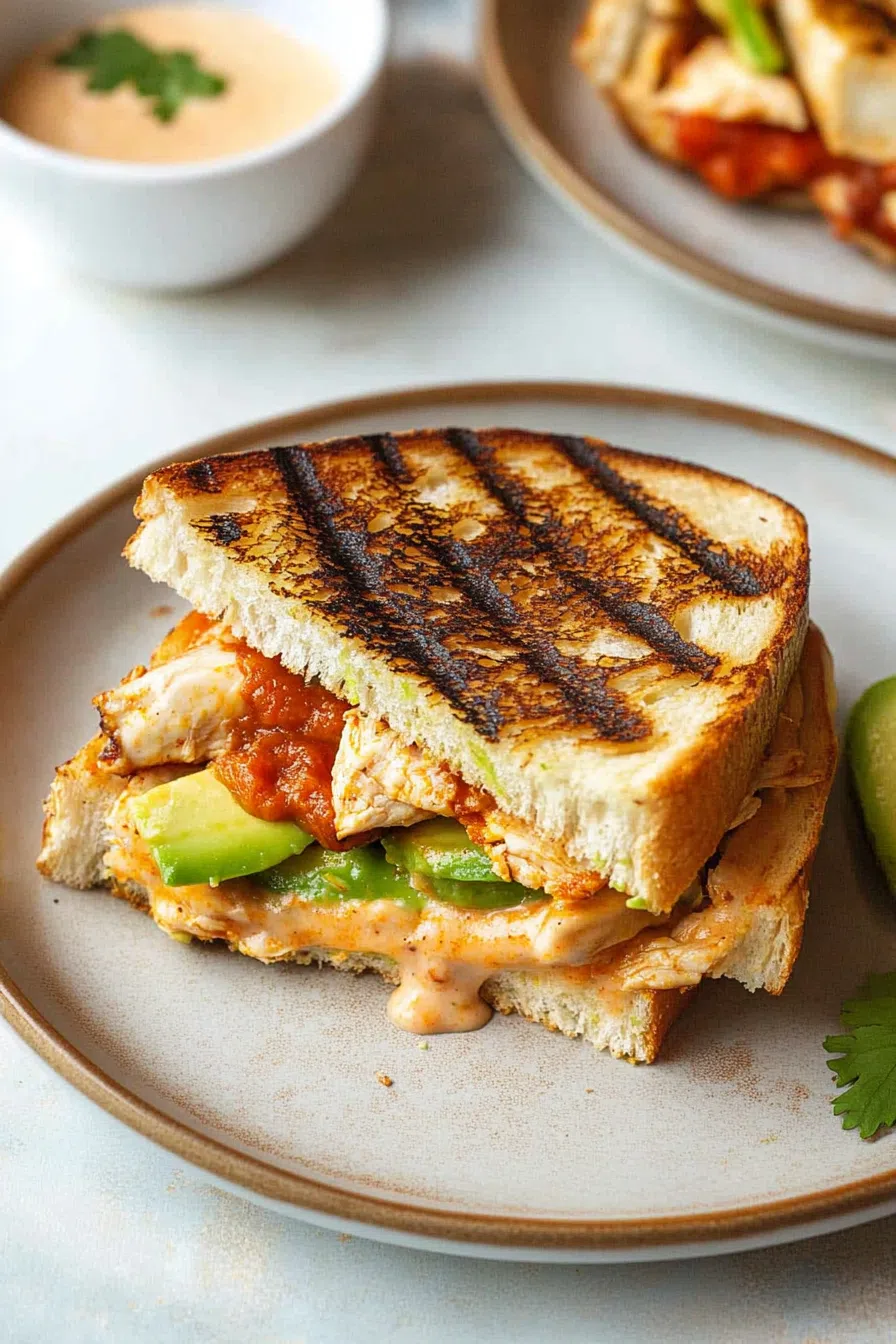 Melted cheese oozing from a grilled sandwich with crisp bread edges.