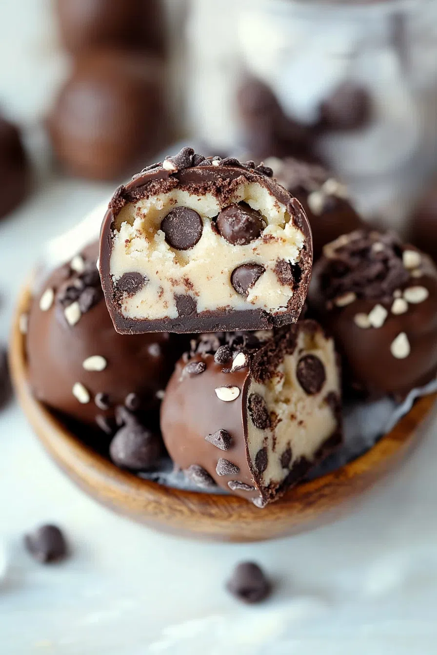 Cross-section of a dessert ball revealing a layered interior with cookie dough.