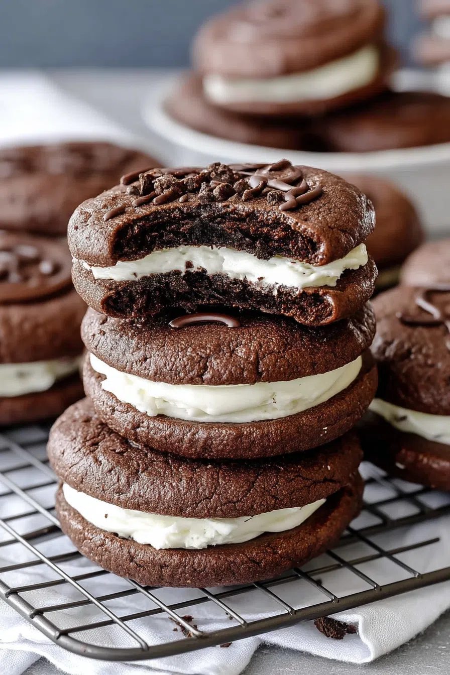 Close-up of a cookie broken in half, revealing a creamy center.