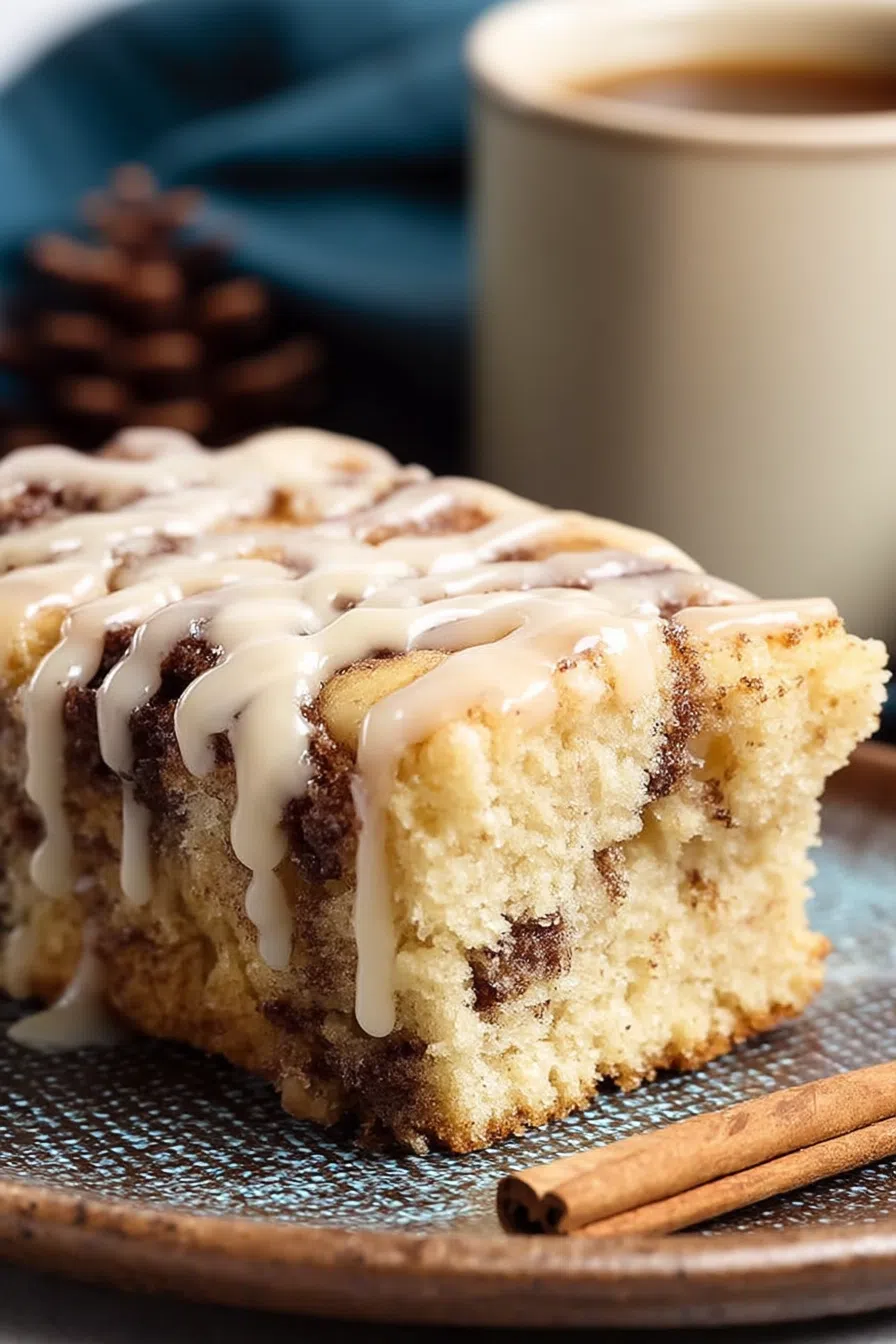 Close-up of a moist, swirled slice with icing on top.