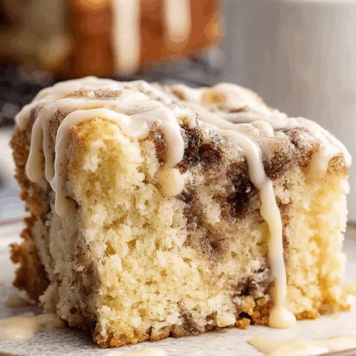 Sliced baked good with rich filling and sugary topping on a serving tray.