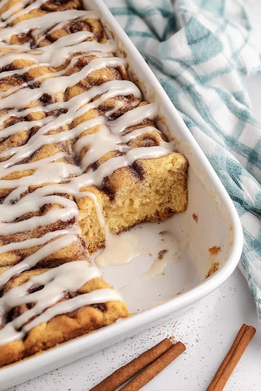 Overhead view of a crumbly breakfast treat with cinnamon layers.