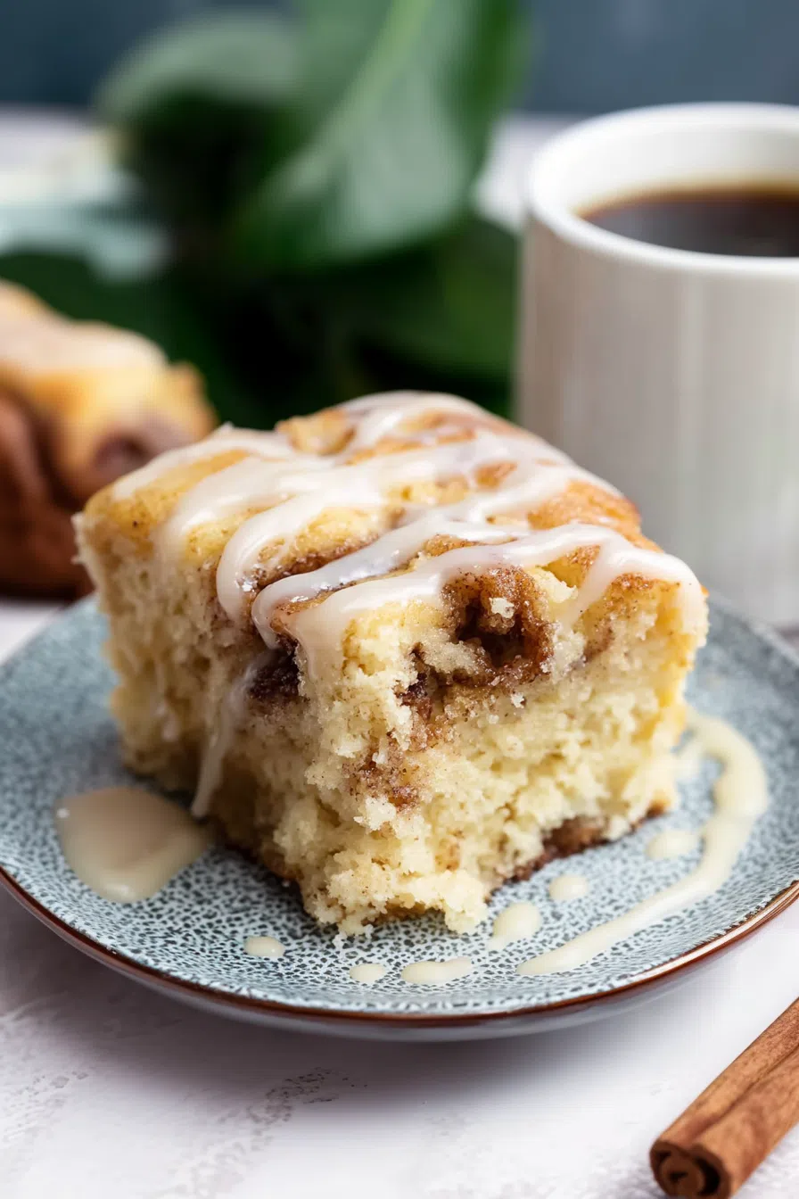Glazed breakfast slice served on a ceramic plate.
