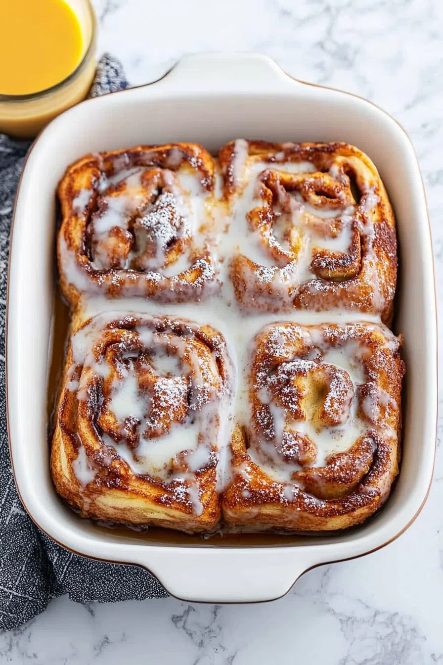 Rustic brunch dish served in a casserole pan with a drizzle of glaze.