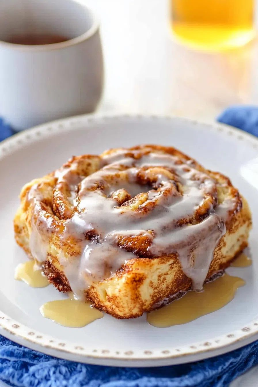 Close-up of caramelized toast with a creamy drizzle and crispy edges.