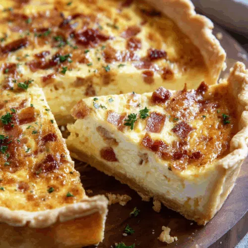 Whole tart in a ceramic dish, with browned top and specks of herbs.