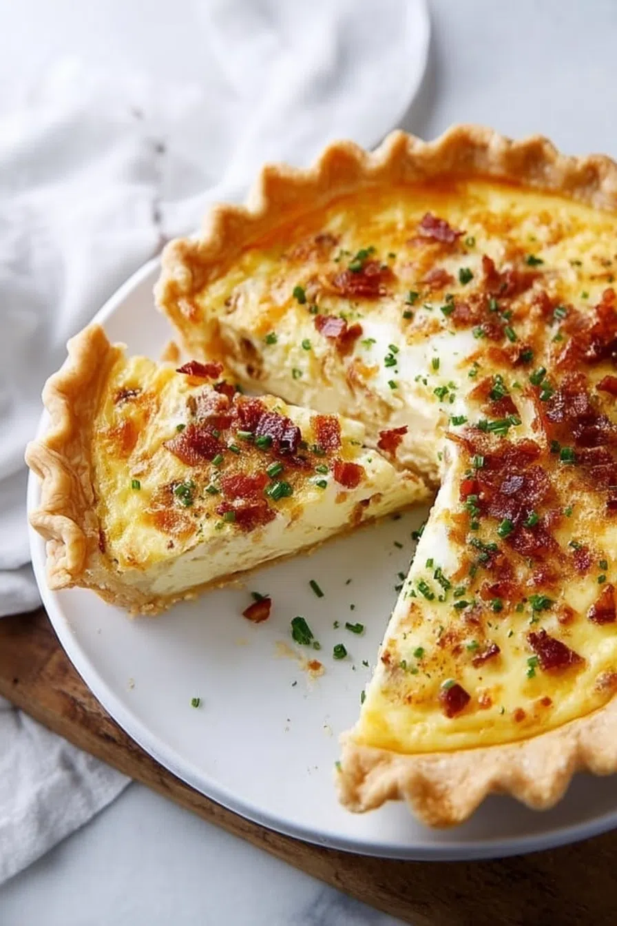 Crusty baked pie with browned top and visible filling ingredients.
