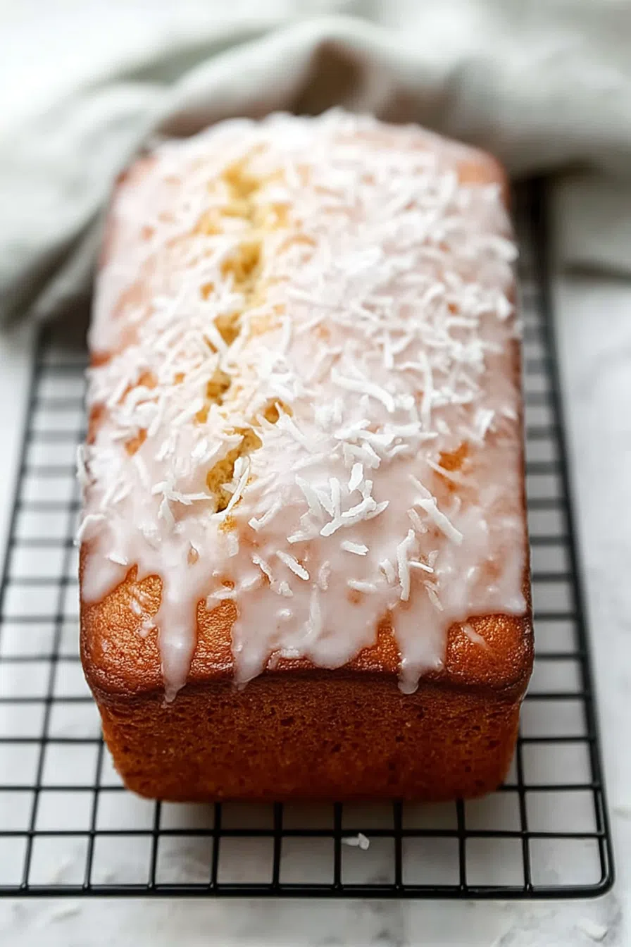 Loaf shown whole on a cooling rack with a light glaze glistening under soft light.