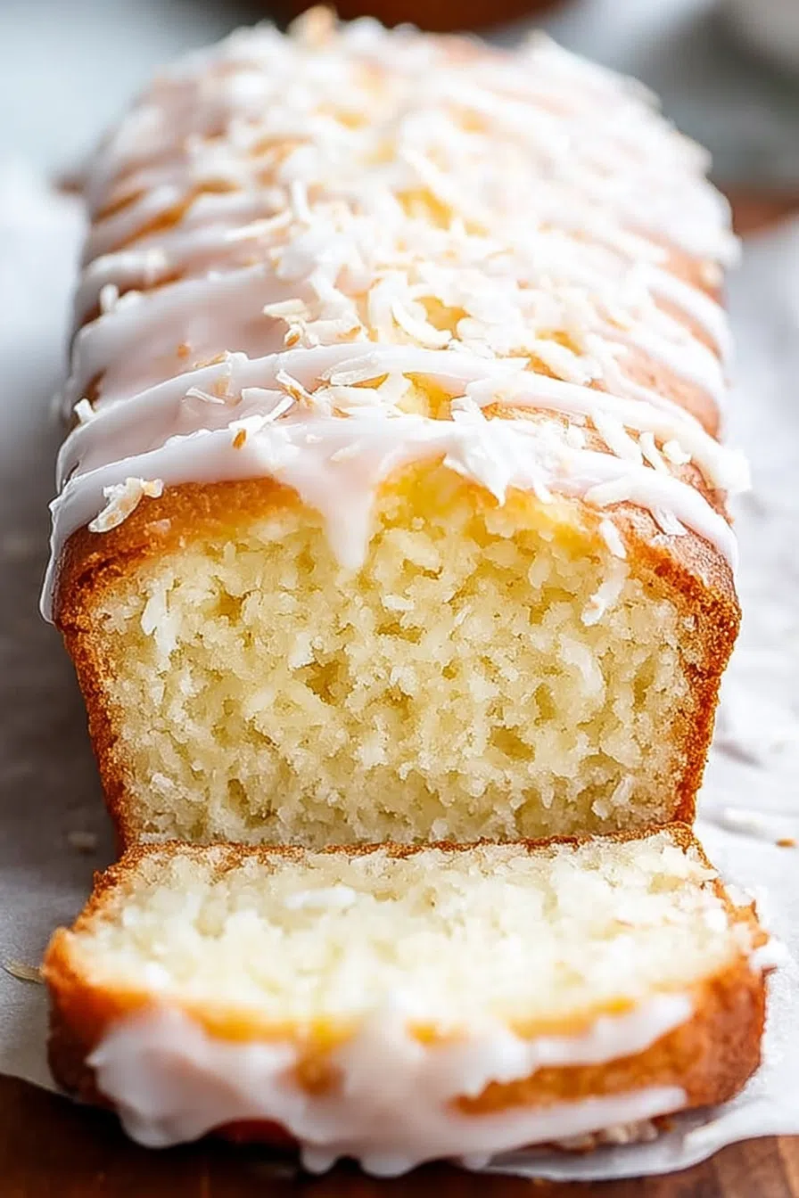 A golden-baked loaf with a shiny, sweet topping and sprinkled flakes.