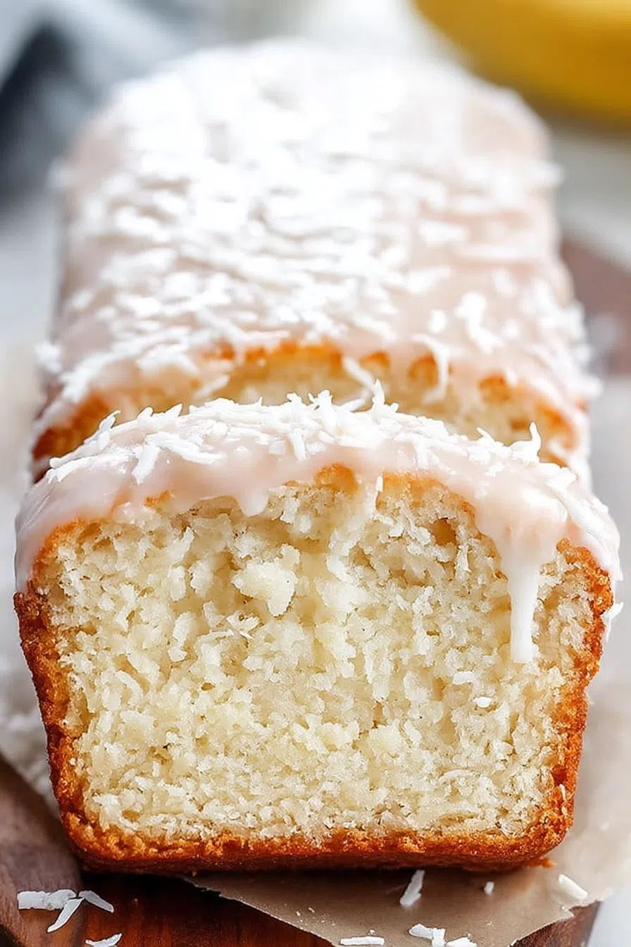 Close-up of a sliced quick bread with a glossy drizzle over the top.