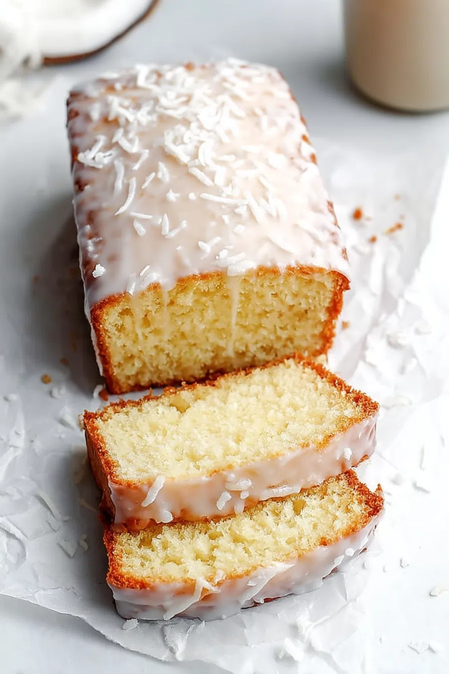 Overhead view of a moist loaf resting on parchment, ready to serve.