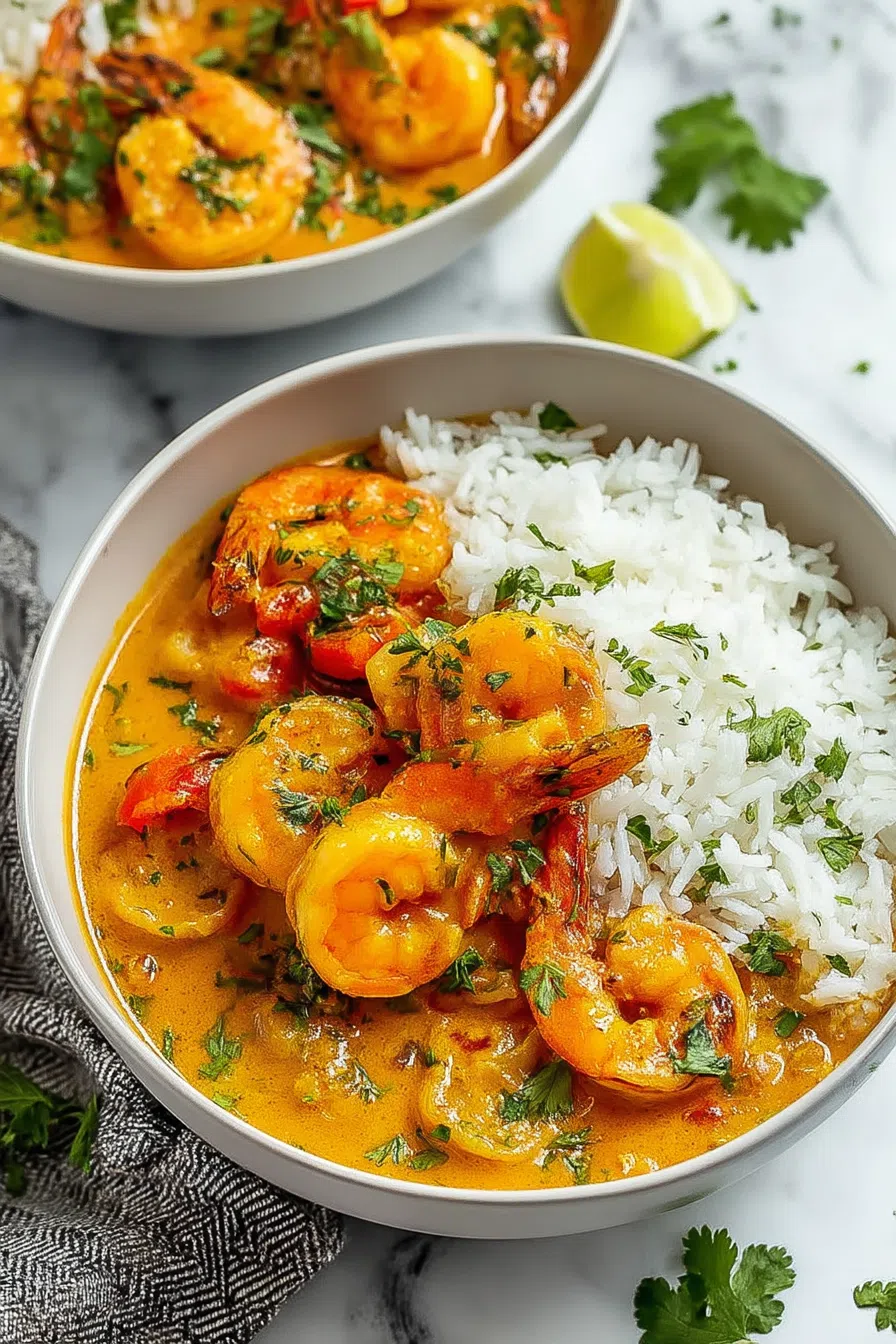 Plated curry served with steamed rice on a neutral-toned background.